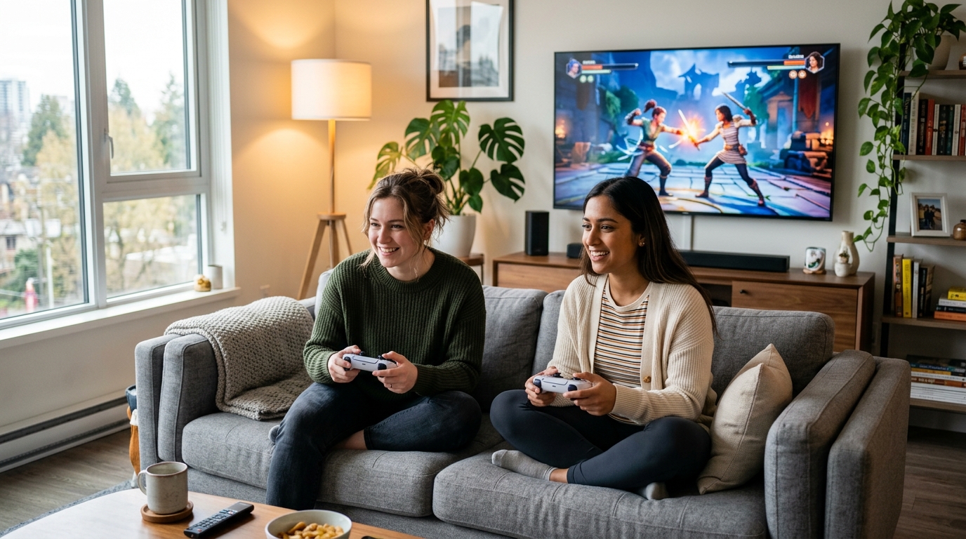 Friends enjoying cooperative console gaming in a modern living room