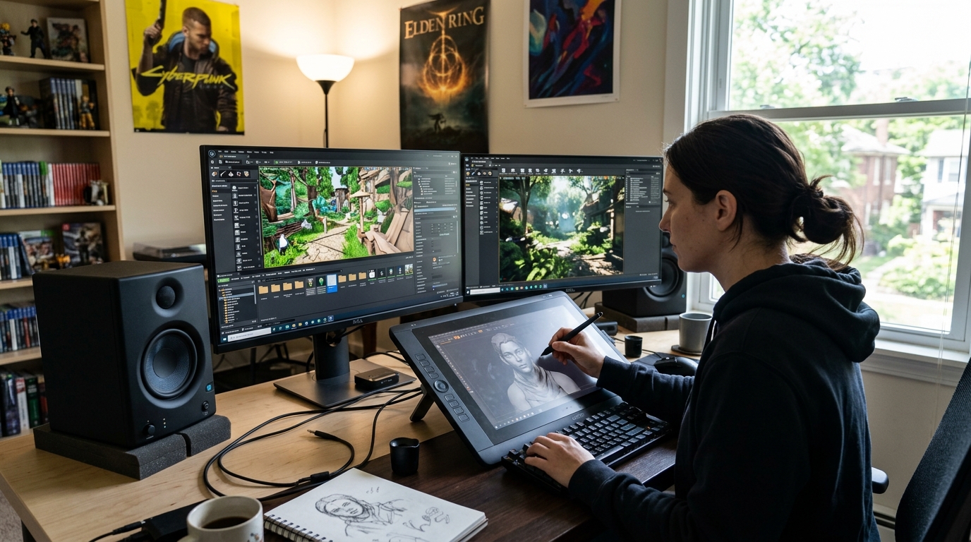 Digital creator workspace with stylus tablet and 3D level editor tools