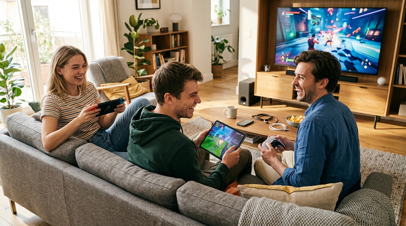 Friends playing multiplayer games across handheld console, tablet, and TV in a living room
