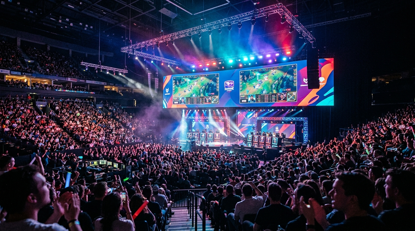 Packed indoor esports championship arena with massive stage screens and lighting
