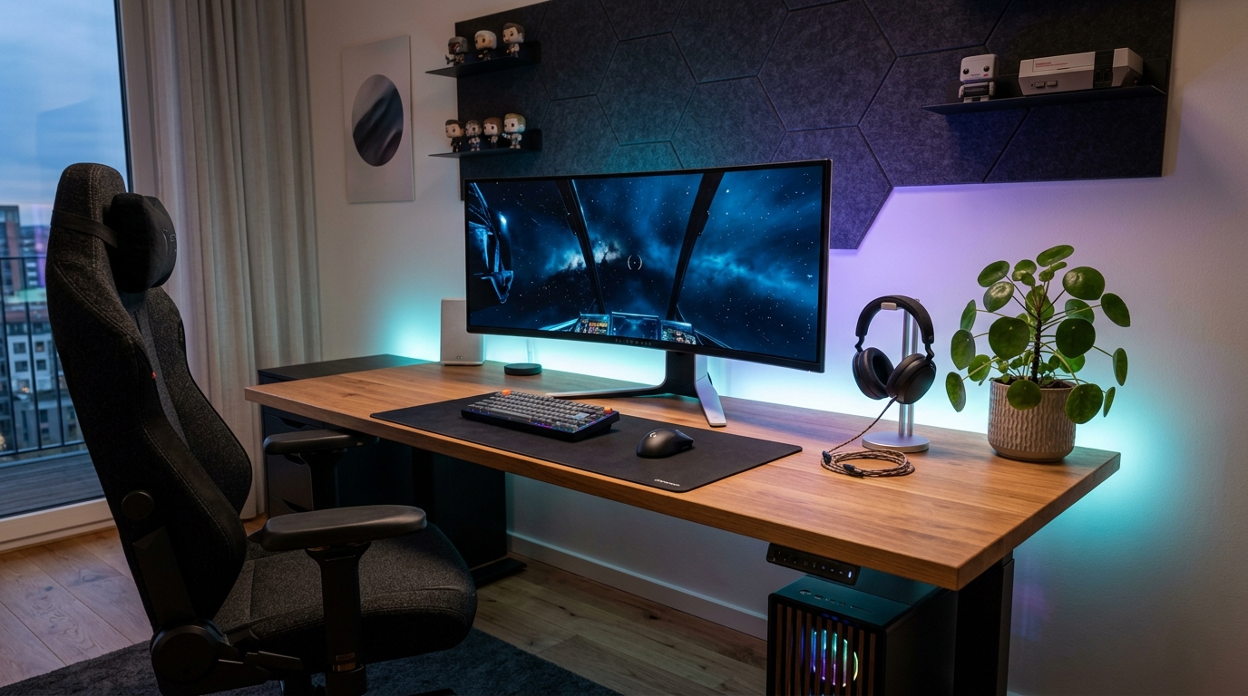 Modern ultrawide curved monitor gaming setup with ambient illumination