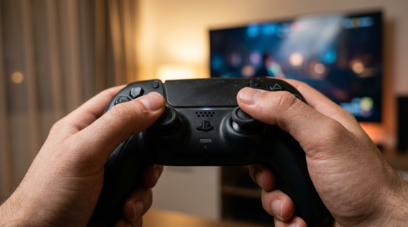 Close-up of gamer hands holding a console controller attentively