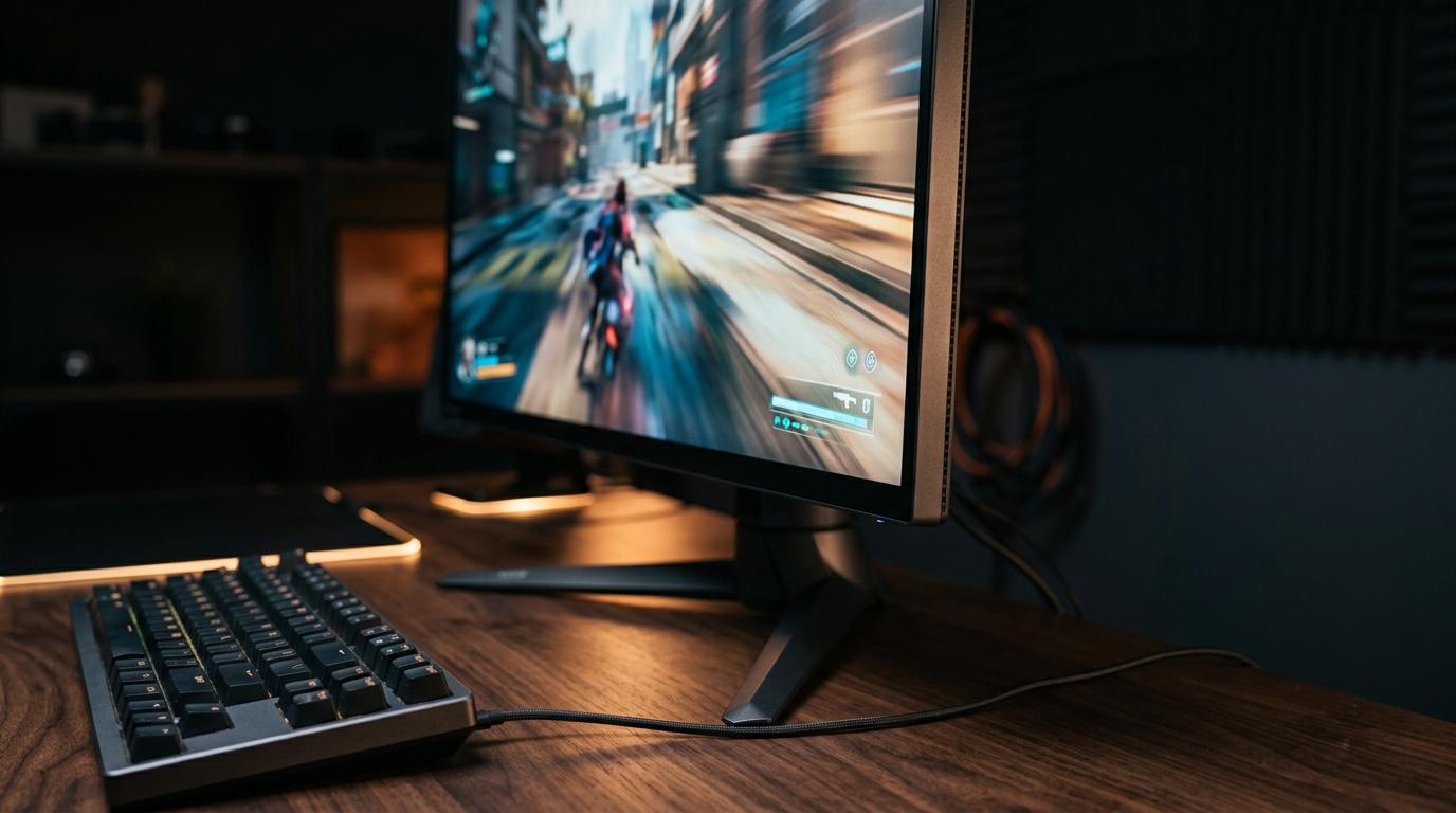 Side profile of high-refresh rate IPS gaming monitor with smooth motion graphics