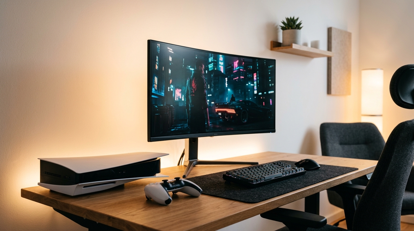 PlayStation 5 console and modern gaming monitor setup on a minimalist desk