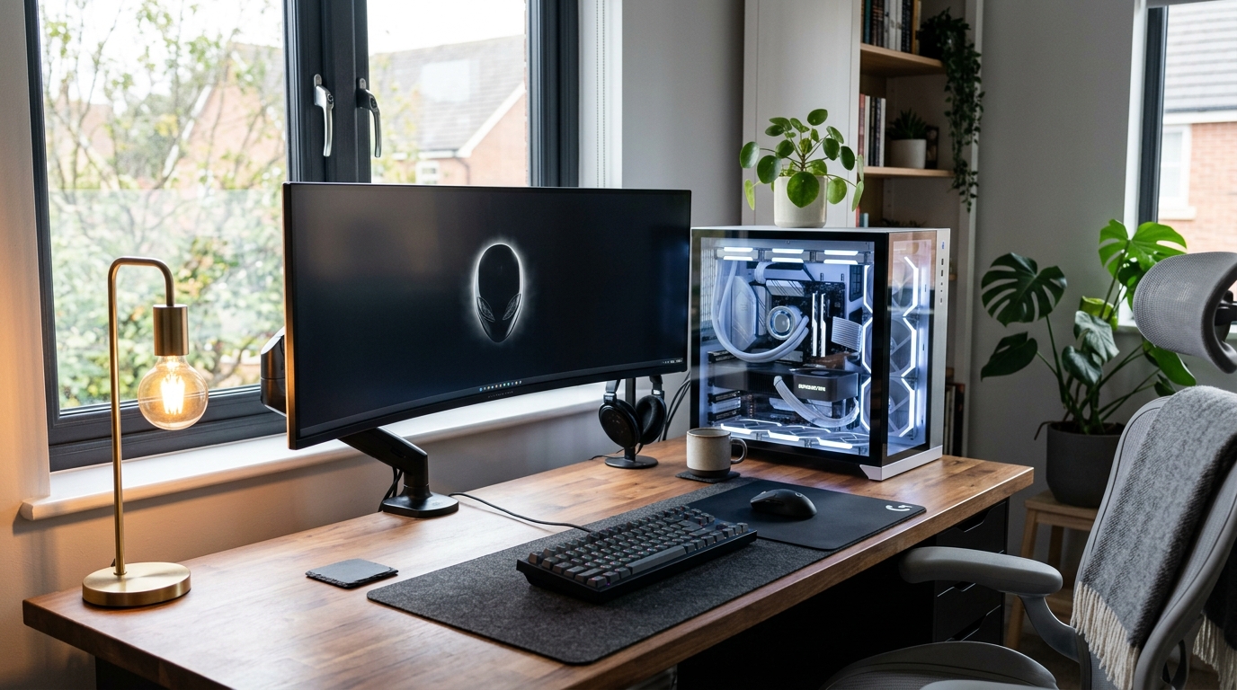 High-end PC gaming battlestation with tempered glass tower and ultrawide monitor