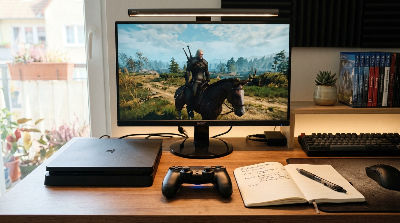PlayStation 4 console setup with controller, monitor, and notebook with gaming statistics