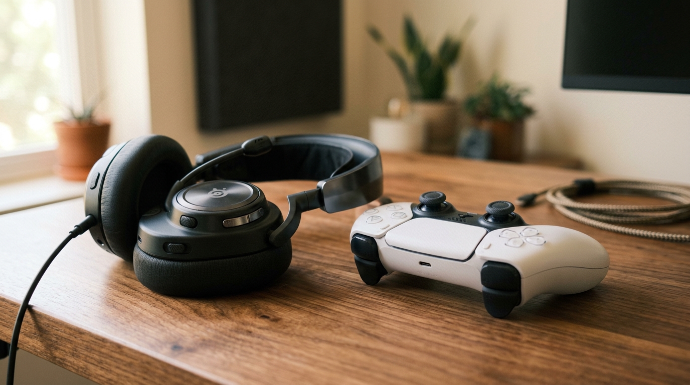 Modern wireless console controller and gaming headset on wooden desk