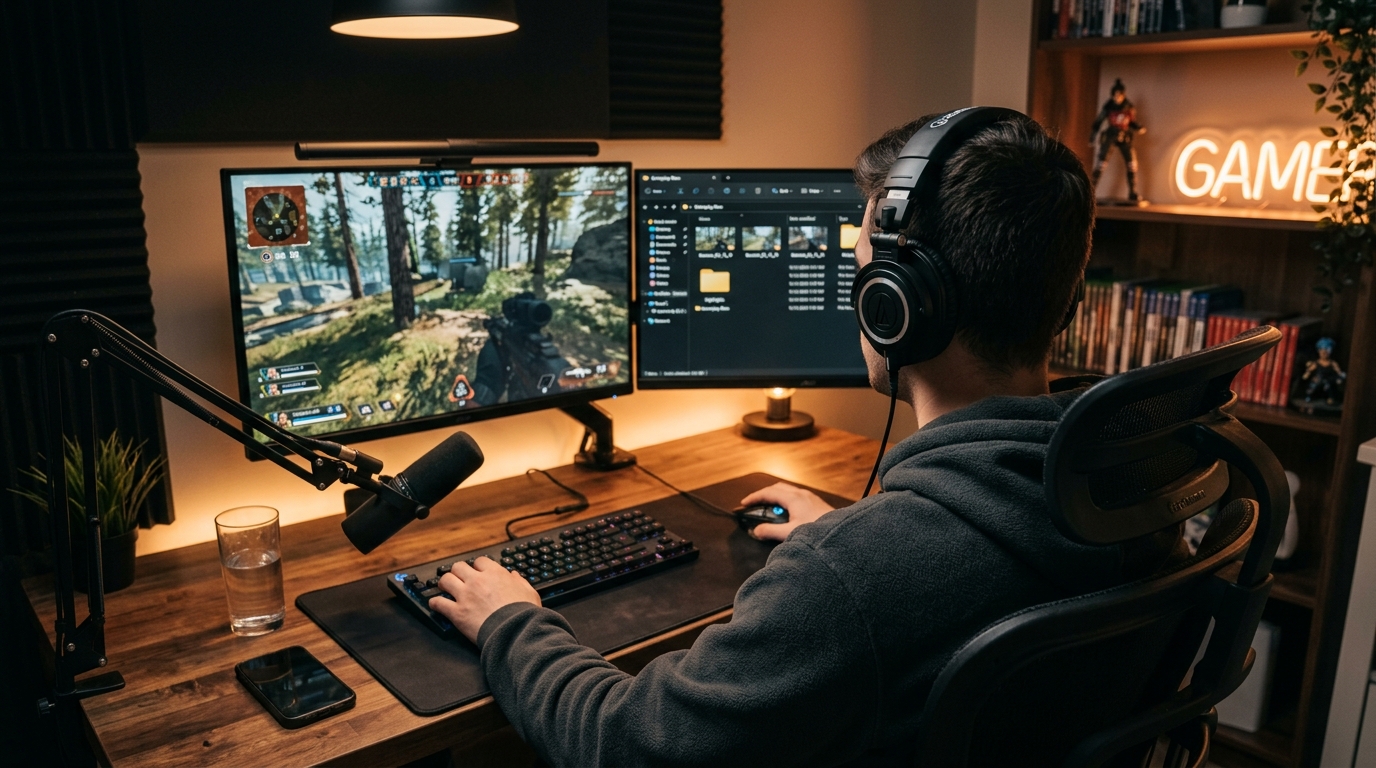 Gamer wearing headphones reviewing gameplay replay footage across dual monitors