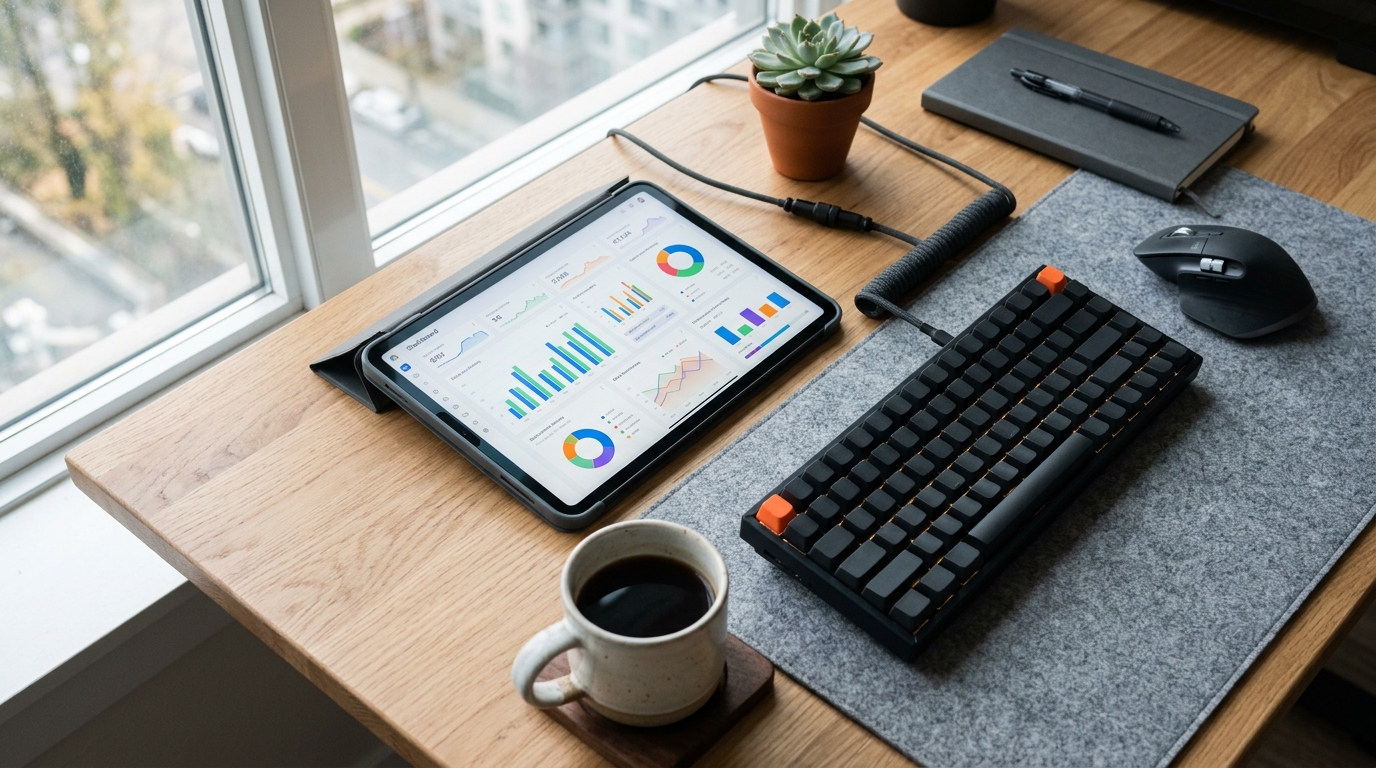 Workstation with tablet displaying statistical charts and performance dashboards